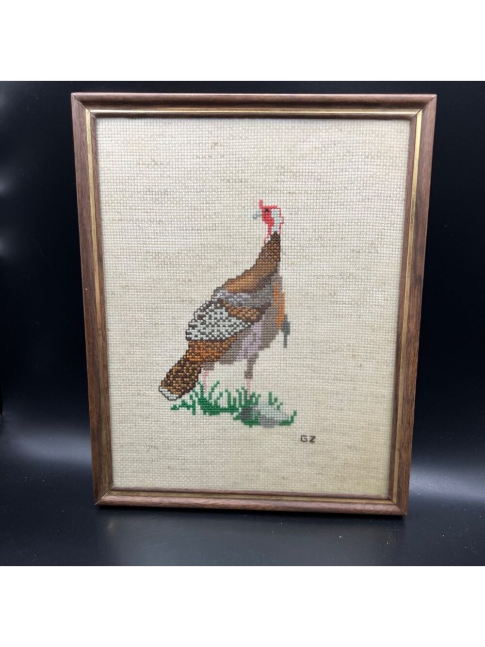 Hand-Stitched Turkey CrossStitch In Wooden Frame Rustic Wall Art Décor Signed GZ